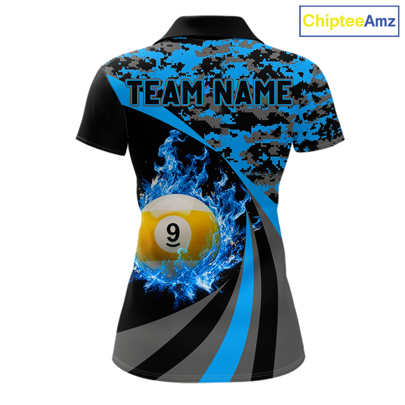 Black Blue Camo Flame 8 Ball 9 Ball Pool Shirt For Women Custom Billiard Team Jersey