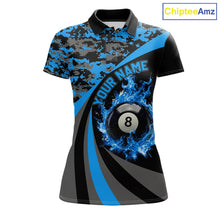 Load image into Gallery viewer, Black Blue Camo Flame 8 Ball 9 Ball Pool Shirt For Women Custom Billiard Team Jersey