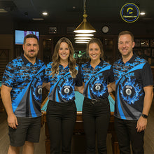 Load image into Gallery viewer, Flame 8 Ball &amp; 9 Ball Billiard Pool Shirt For Men Custom Black And Blue Camo Billiard Team Attire NYN3431