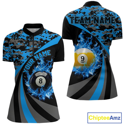 Black Blue Camo Flame 8 Ball 9 Ball Pool Shirt For Women Custom Billiard Team Jersey
