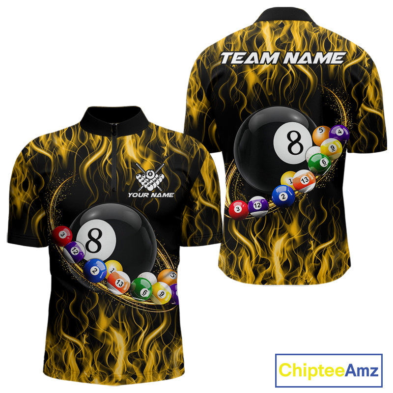 Yellow Light Fire Flame 8 Ball Pool Shirt For Men Custom Billiard Ball Team Jersey