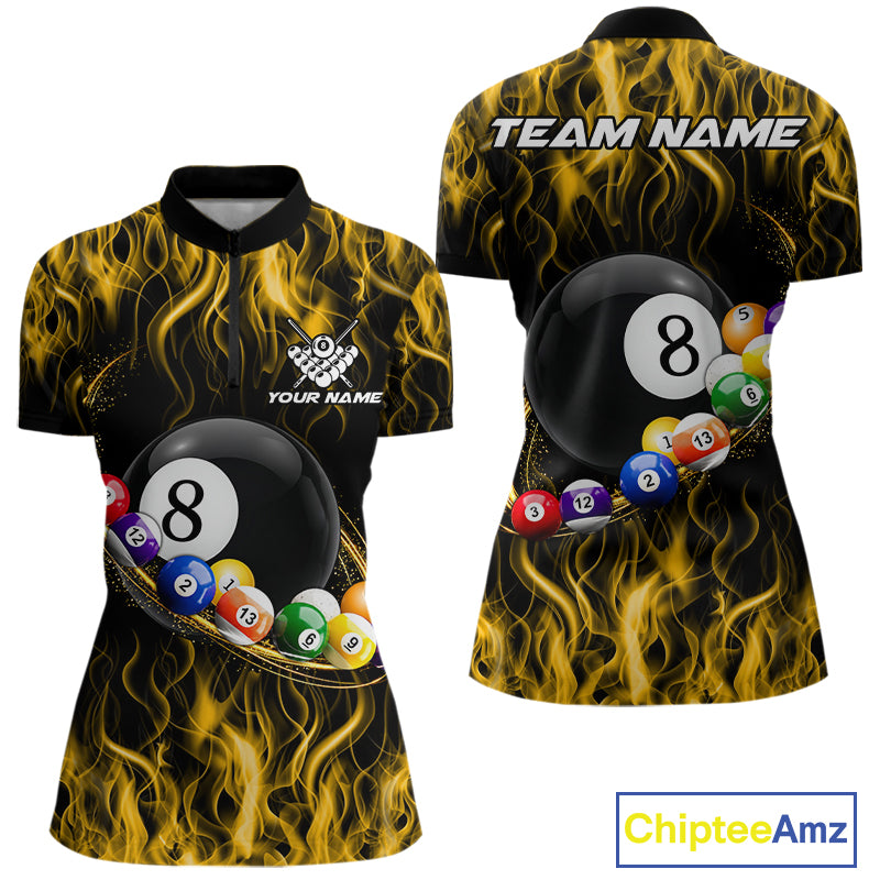 Yellow Light Fire Flame 8 Ball Pool Shirt For Women Custom Billiard Ball Team Jersey