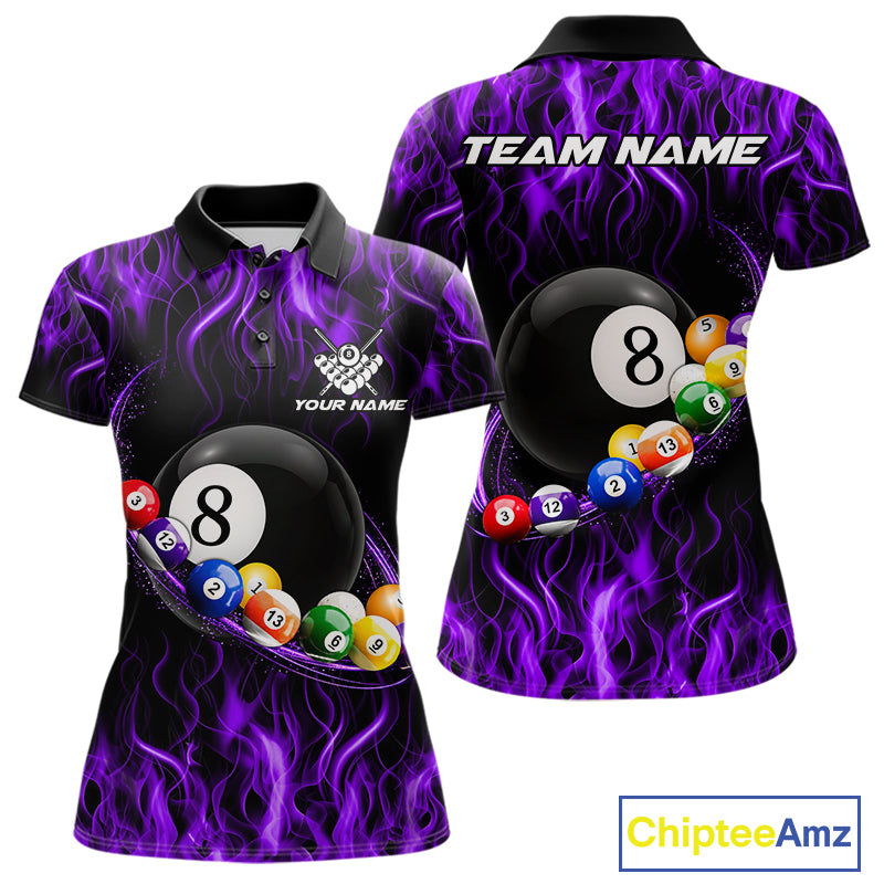 Purple Light Fire Flame 8 Ball Pool Shirt For Women Custom Billiard Ball Team Jersey