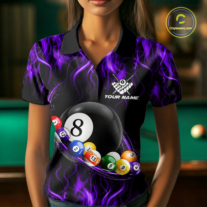 Fire Flame 8 Ball Billiard Pool Shirt For Women Custom Purple Light Billiard Ball Team Jersey NYN3433