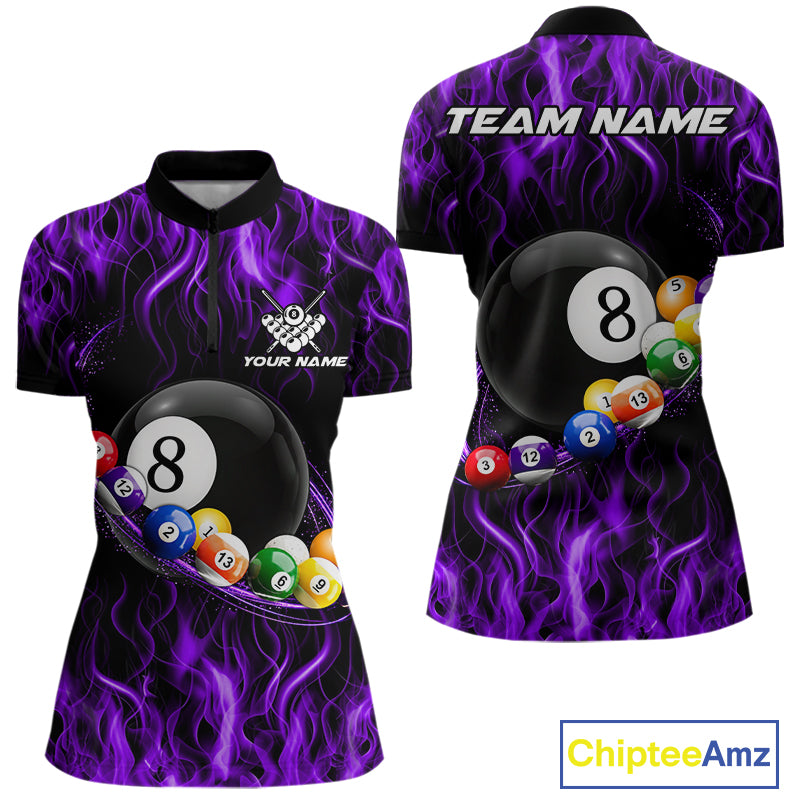 Purple Light Fire Flame 8 Ball Pool Shirt For Women Custom Billiard Ball Team Jersey