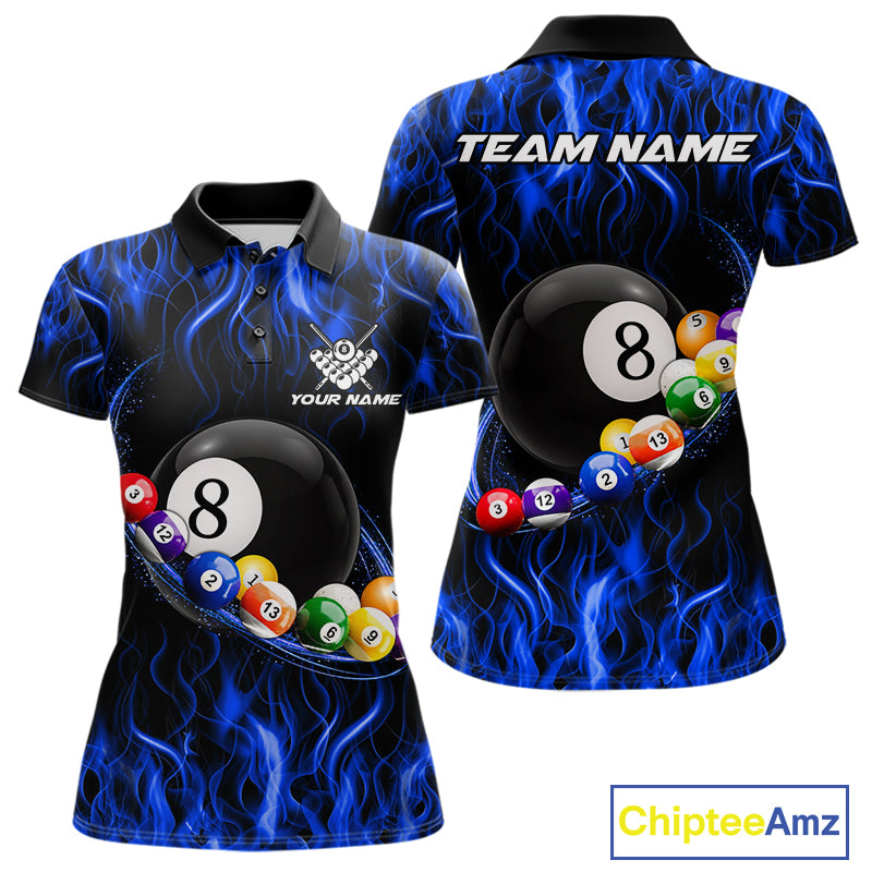 Blue Light Fire Flame 8 Ball Pool Shirt For Women Custom Billiard Ball Team Jersey
