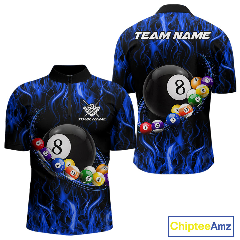 Blue Light Fire Flame 8 Ball Pool Shirt For Men Custom Billiard Ball Team Jersey