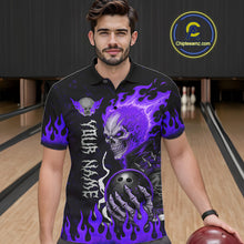Load image into Gallery viewer, Male model wearing Purple Flames Skull bowling polo, custom bowling team jersey, league tournament apparel, biker-inspired bowling fashion, personalized athletic performance shirt