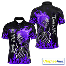 Load image into Gallery viewer, Purple Flames Skull men's bowling polo shirt with aggressive skull graphics, custom bowling league jersey, personalized tournament apparel, performance bowling clothing, championship team polo