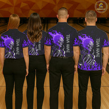Load image into Gallery viewer, Matching Purple Flames Skull bowling team jerseys for men and women, custom bowling league uniforms, gothic sports apparel, tournament team clothing, biker lifestyle bowling shirts, championship performance jerseys