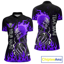 Load image into Gallery viewer, Purple Flames Skull women's quarter-zip bowling jersey featuring flaming skull artwork, custom bowling tournament shirt, league uniform, gothic athletic apparel, personalized bowling team clothing, bold performance sportswear