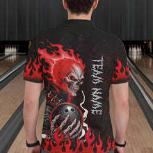 Load image into Gallery viewer, Male model wearing Red Flames Skull bowling jersey, custom bowling league apparel, personalized tournament polo, biker-inspired sportswear, championship bowling team clothing, athletic performance uniform