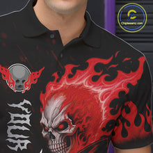 Load image into Gallery viewer, Male model wearing Red Flames Skull bowling jersey, custom bowling league apparel, personalized tournament polo, biker-inspired sportswear, championship bowling team clothing, athletic performance uniform