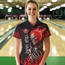 Load image into Gallery viewer, Female model wearing Red Flames Skull bowling polo, personalized women's bowling tournament jersey, custom league apparel, gothic performance sportswear, championship bowling clothing