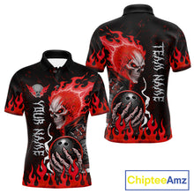 Load image into Gallery viewer, Red Flames Skull men's bowling polo with blazing skull graphics, personalized bowling team shirt, custom tournament jersey, bowling league apparel, athletic performance clothing, competitive bowling uniform