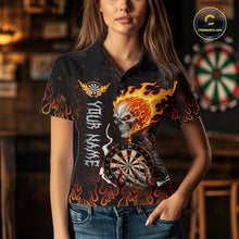 Load image into Gallery viewer, Female model wearing Red Flames Skull women's darts polo, custom skeleton dart tournament jersey, gothic athletic apparel, personalized championship league clothing
