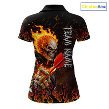 Load image into Gallery viewer, Red Flames Skull women's darts polo featuring skeleton and blazing flame artwork, custom dart tournament jersey, gothic league apparel, biker-inspired athletic performance clothing