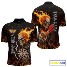 Load image into Gallery viewer, Men's Red Flames Skull quarter-zip darts shirt featuring blazing skeleton artwork, personalized dart tournament jersey, custom biker-inspired league apparel