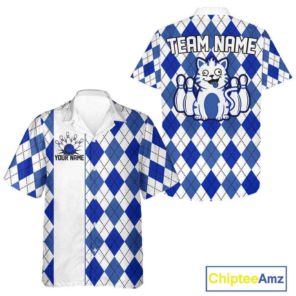 Multicolor Argyle Funny Cat Bowling Hawaiian Shirts Custom Retro Bowling Button Up Team Shirts NYN3978