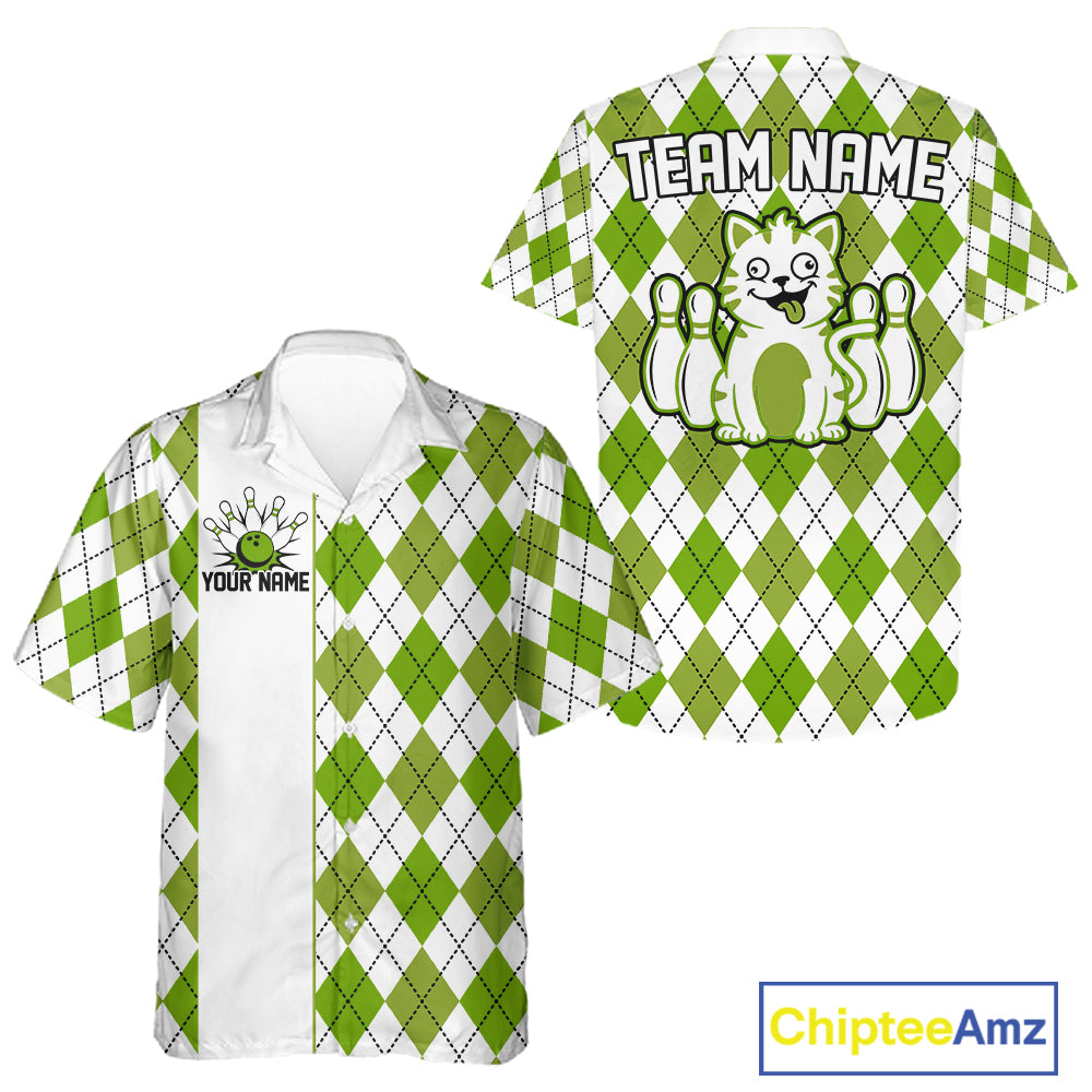Multicolor Argyle Funny Cat Bowling Hawaiian Shirts Custom Retro Bowling Button Up Team Shirts NYN3978