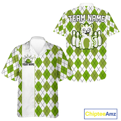 Multicolor Argyle Funny Cat Bowling Hawaiian Shirts Custom Retro Bowling Button Up Team Shirts NYN3978