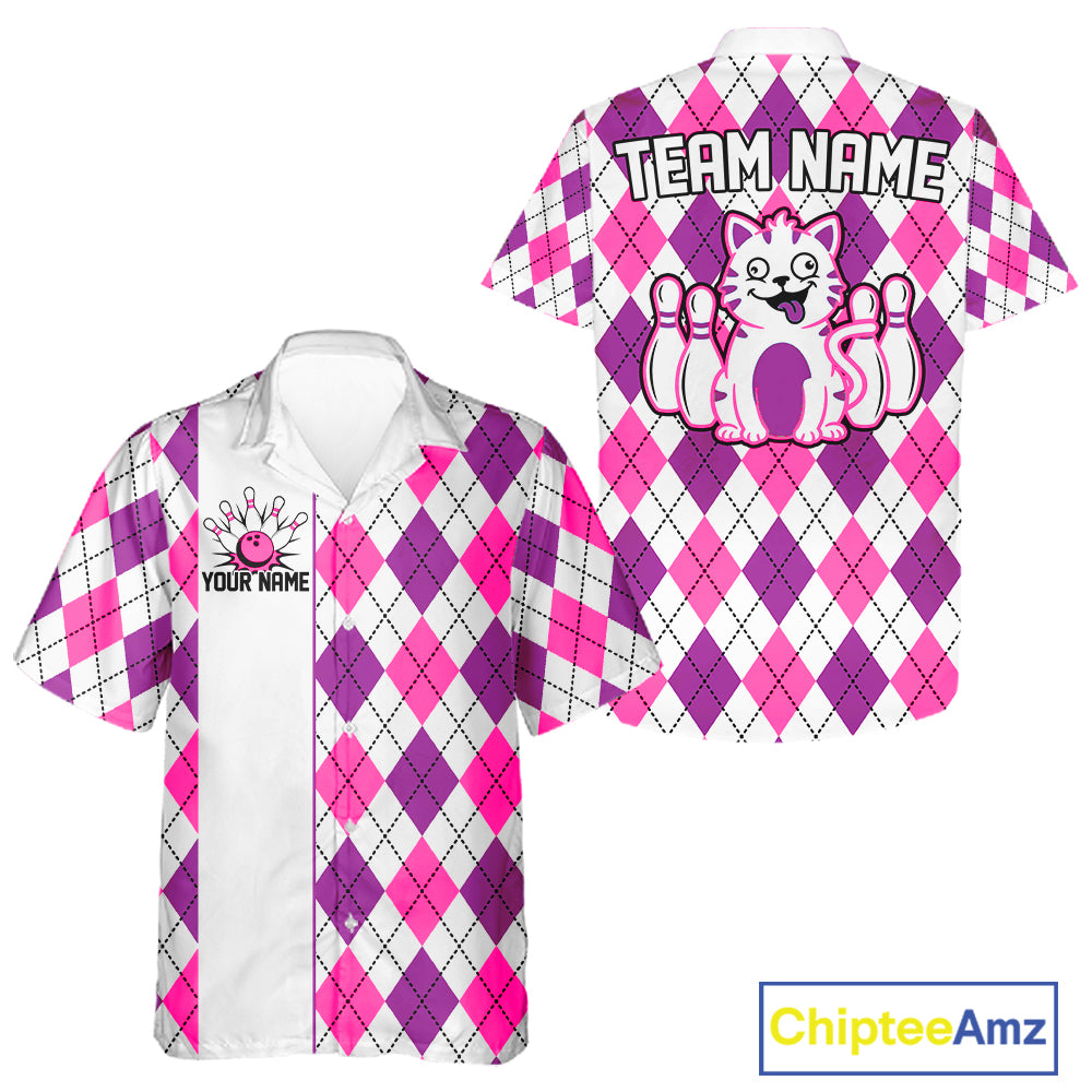 Multicolor Argyle Funny Cat Bowling Hawaiian Shirts Custom Retro Bowling Button Up Team Shirts NYN3978