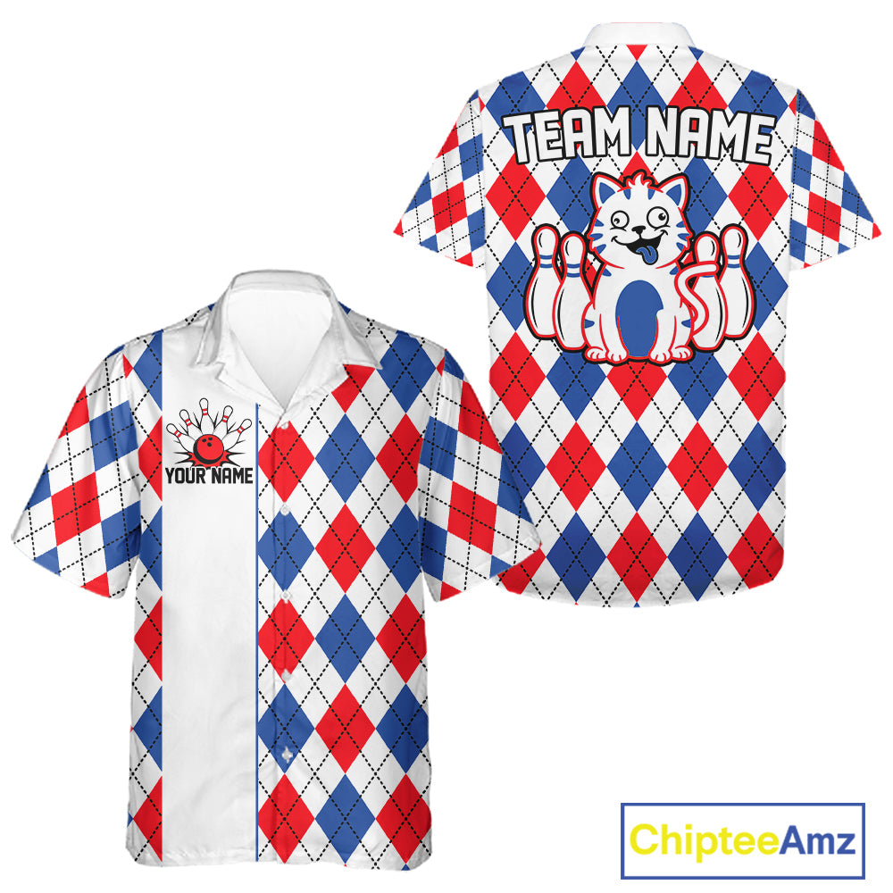 Multicolor Argyle Funny Cat Bowling Hawaiian Shirts Custom Retro Bowling Button Up Team Shirts NYN3978