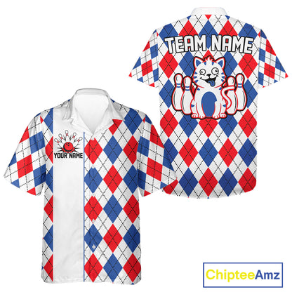 Multicolor Argyle Funny Cat Bowling Hawaiian Shirts Custom Retro Bowling Button Up Team Shirts NYN3978