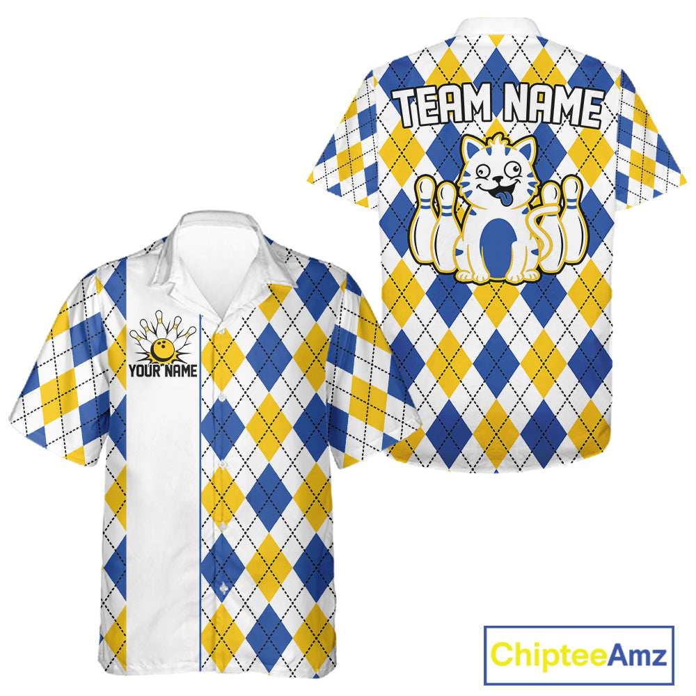 Multicolor Argyle Funny Cat Bowling Hawaiian Shirts Custom Retro Bowling Button Up Team Shirts NYN3978