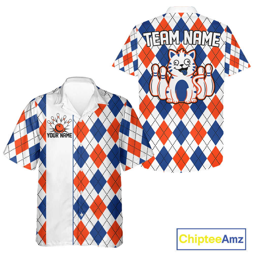 Multicolor Argyle Funny Cat Bowling Hawaiian Shirts Custom Retro Bowling Button Up Team Shirts NYN3978