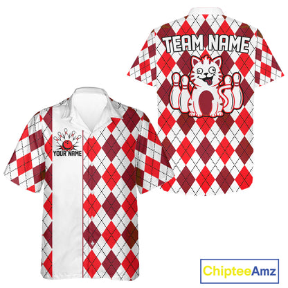 Multicolor Argyle Funny Cat Bowling Hawaiian Shirts Custom Retro Bowling Button Up Team Shirts NYN3978