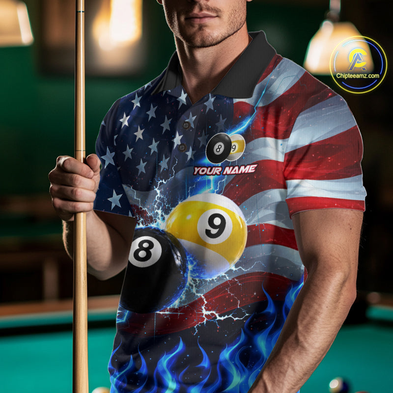 Custom 8 Ball 9 Ball Pool Billiards Polo 1/4-Zip Shirt For Men Blue Flames Thunder US Flag Billiard Jersey NYN4760