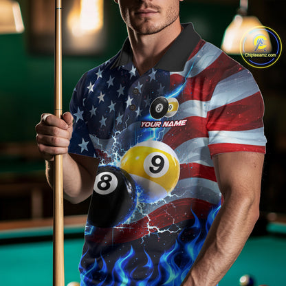 Custom 8 Ball 9 Ball Pool Billiards Polo 1/4-Zip Shirt For Men Blue Flames Thunder US Flag Billiard Jersey NYN4760