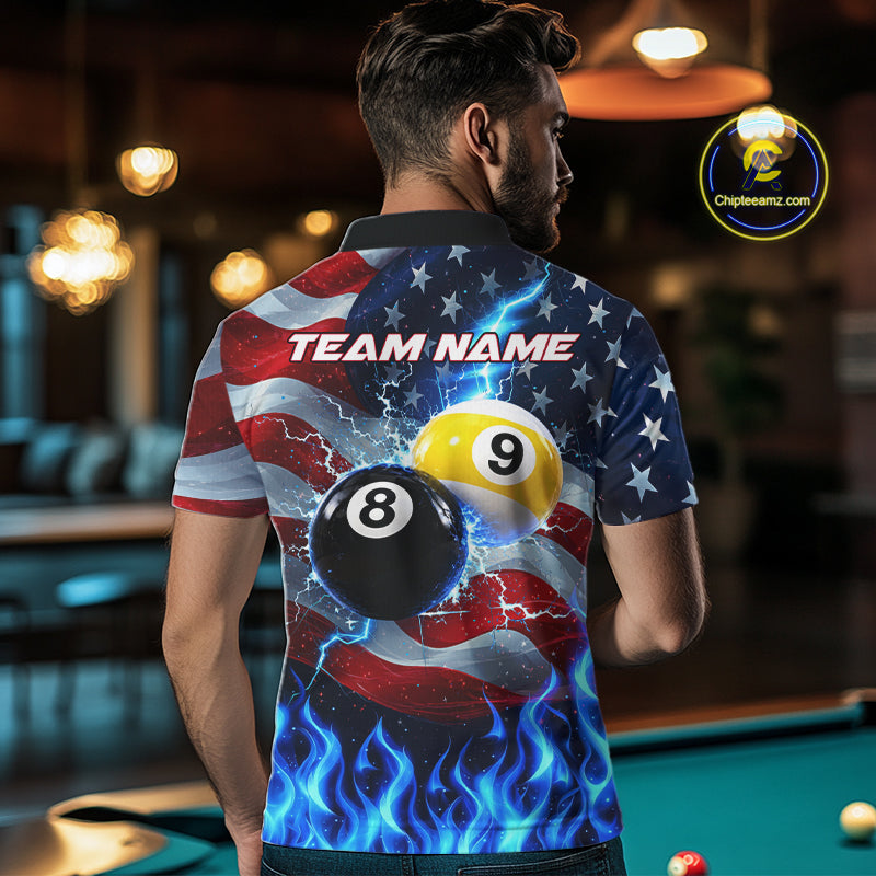 Custom 8 Ball 9 Ball Pool Billiards Polo 1/4-Zip Shirt For Men Blue Flames Thunder US Flag Billiard Jersey NYN4760