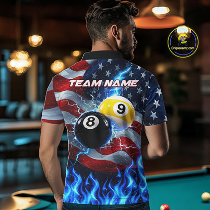 Custom 8 Ball 9 Ball Pool Billiards Polo 1/4-Zip Shirt For Men Blue Flames Thunder US Flag Billiard Jersey NYN4760