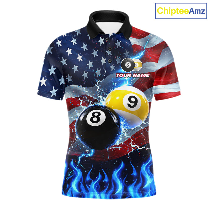 Custom 8 Ball 9 Ball Pool Billiards Polo 1/4-Zip Shirt For Men Blue Flames Thunder US Flag Billiard Jersey NYN4760