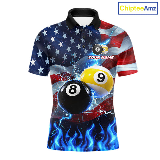 Custom 8 Ball 9 Ball Pool Billiards Polo 1/4-Zip Shirt For Men Blue Flames Thunder US Flag Billiard Jersey NYN4760