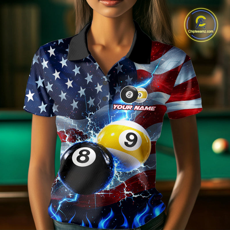 Custom 8 Ball 9 Ball Pool Billiards Polo 1/4-Zip Shirt For Women Blue Flames Thunder US Flag Billiard Jersey NYN4760