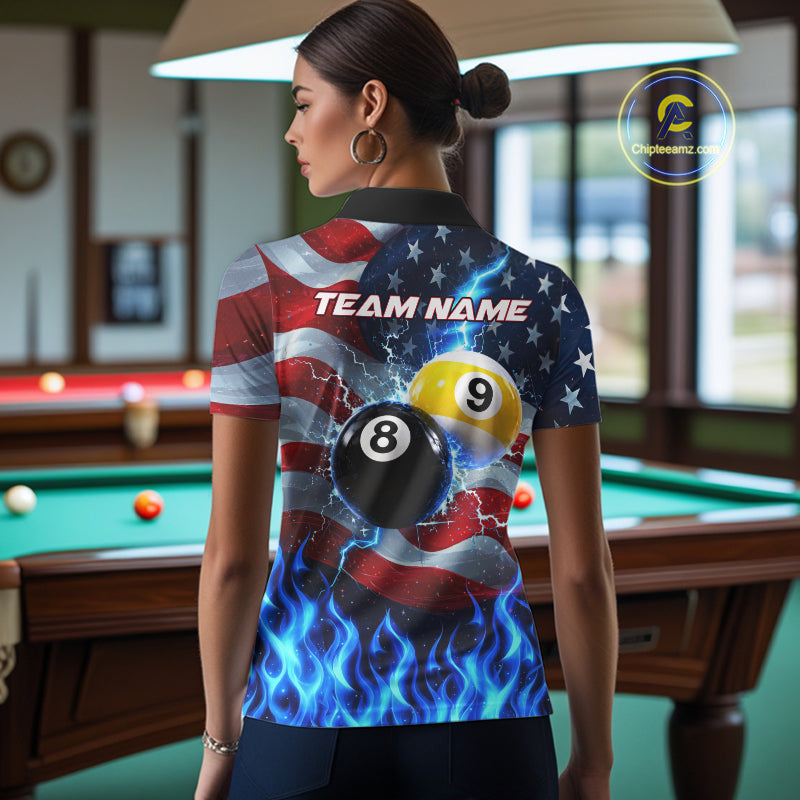Custom 8 Ball 9 Ball Pool Billiards Polo 1/4-Zip Shirt For Women Blue Flames Thunder US Flag Billiard Jersey NYN4760