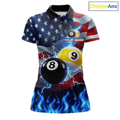 Custom 8 Ball 9 Ball Pool Billiards Polo 1/4-Zip Shirt For Women Blue Flames Thunder US Flag Billiard Jersey NYN4760