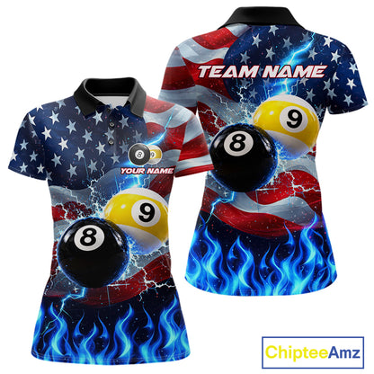 Custom 8 Ball 9 Ball Pool Billiards Polo 1/4-Zip Shirt For Women Blue Flames Thunder US Flag Billiard Jersey NYN4760