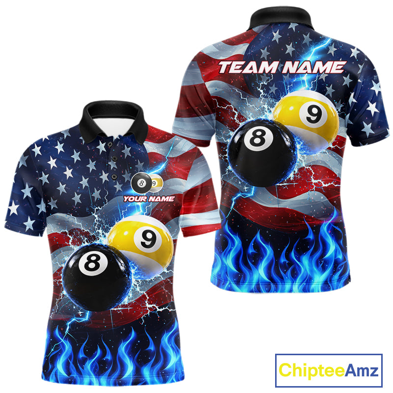 Custom 8 Ball 9 Ball Pool Billiards Polo 1/4-Zip Shirt For Men Blue Flames Thunder US Flag Billiard Jersey NYN4760