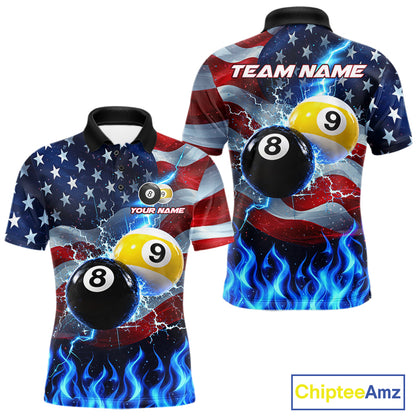 Custom 8 Ball 9 Ball Pool Billiards Polo 1/4-Zip Shirt For Men Blue Flames Thunder US Flag Billiard Jersey NYN4760