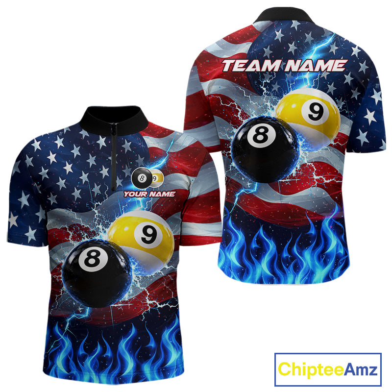 Custom 8 Ball 9 Ball Pool Billiards Polo 1/4-Zip Shirt For Men Blue Flames Thunder US Flag Billiard Jersey NYN4760