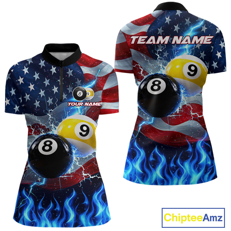 Custom 8 Ball 9 Ball Pool Billiards Polo 1/4-Zip Shirt For Women Blue Flames Thunder US Flag Billiard Jersey NYN4760