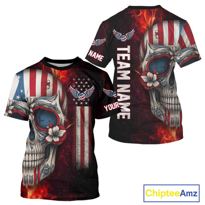 Custom Sugar Skull Red Flaming Pickleball League Jerseys Men Pickleball US Flag Team Shirts NYN2149