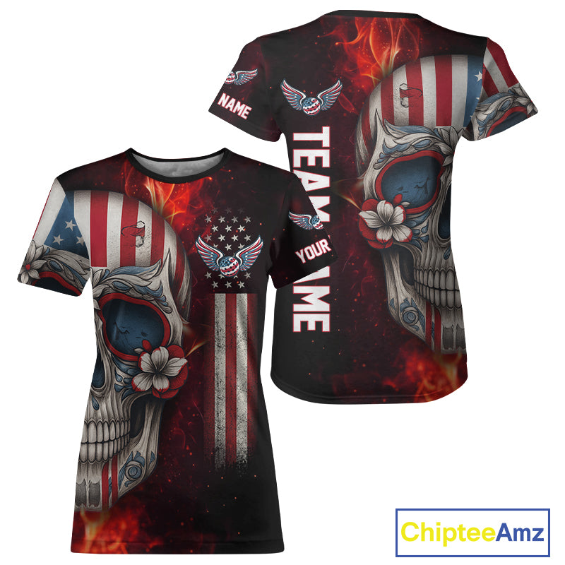 Custom Sugar Skull Red Flaming Pickleball League Jerseys Women Pickleball US Flag Team Shirts NYN2149