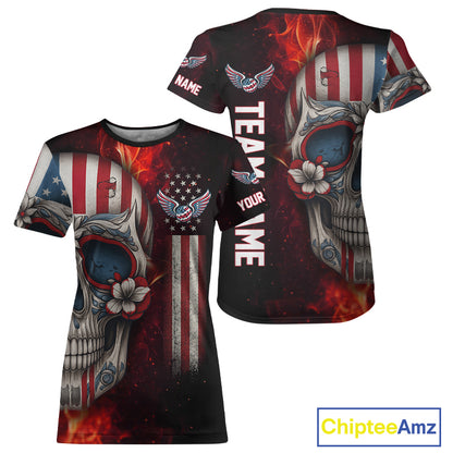 Custom Sugar Skull Red Flaming Pickleball League Jerseys Women Pickleball US Flag Team Shirts NYN2149