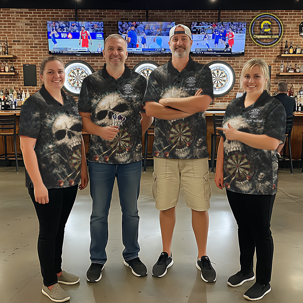 Grunge Horror Grey Skull Vintage Dartboard & Arrow Women Darts Polo Shirt Custom Dart League Shirts NYN2642