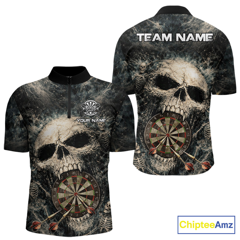 Grunge Horror Grey Skull Vintage Dartboard & Arrow Men Darts 1/4-Zip Shirt Custom Dart League Shirts NYN2642
